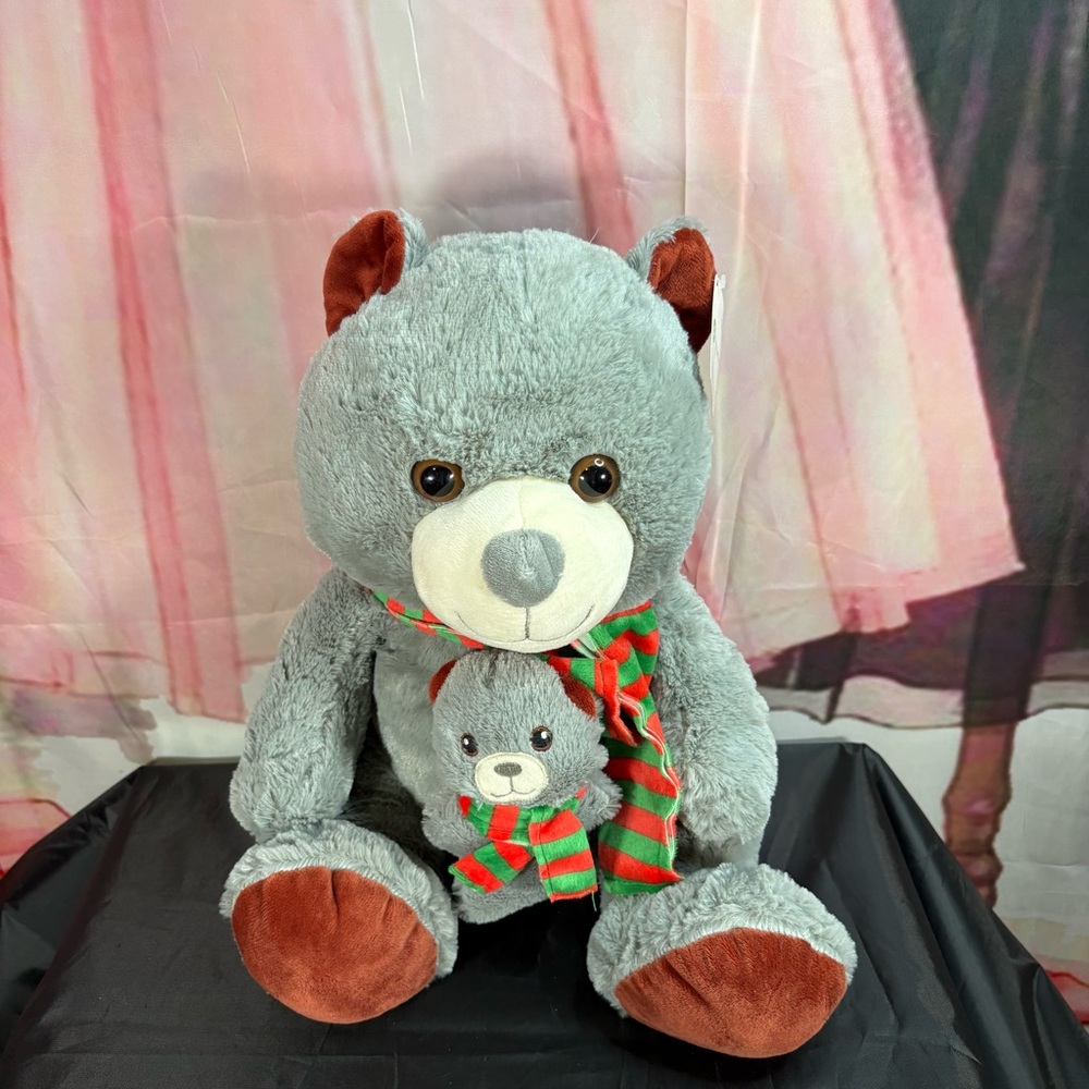 Grey Holiday Bear Plush with Mini Bear and Festive Scarf